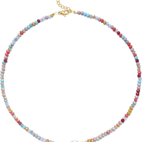 Colorful Beaded Necklace for Women Crystal Pearl Boho Choker 14-16" - Picture 1 of 7